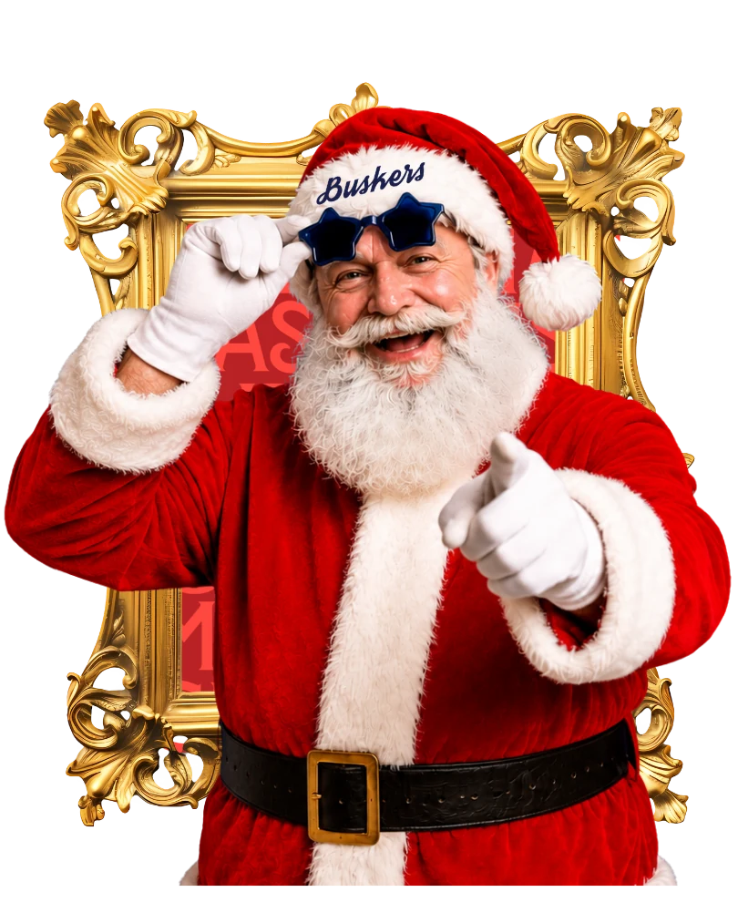 Santa pointing towards the Christmas party booking call to action